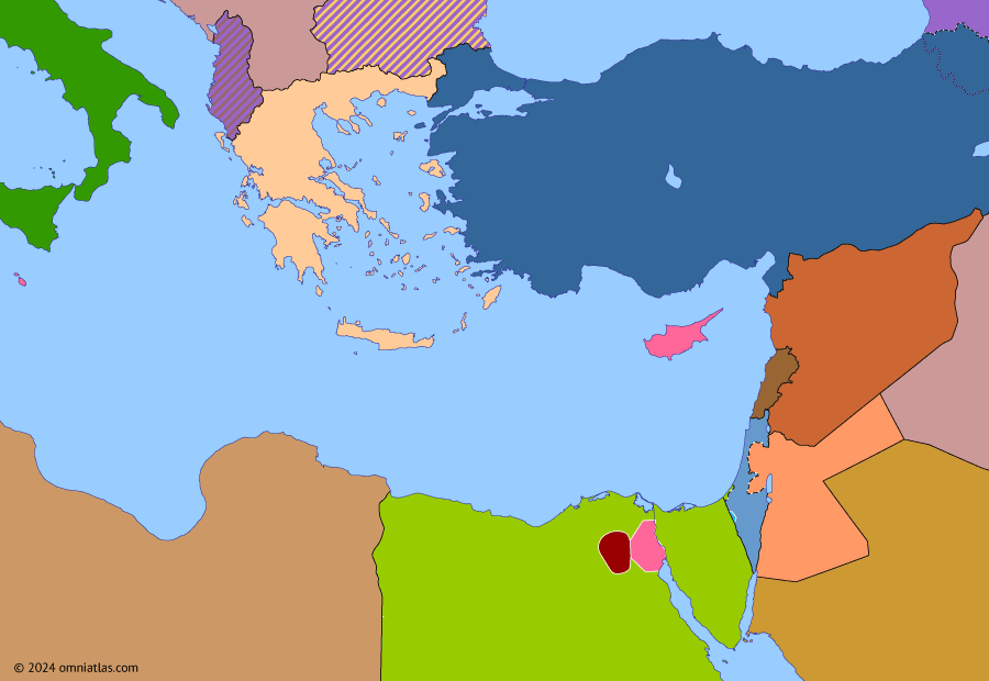 Political map of the Eastern Mediterranean on 23 Jul 1952 (The Arab–Israeli Wars: Egyptian Revolution), showing the following events: Jordanian annexation of the West Bank; Palestinian Fedayeen Insurgency; Abrogation of Anglo-Egyptian Treaty; Libyan independence; Cairo Fire; Egyptian Revolution of 1952.