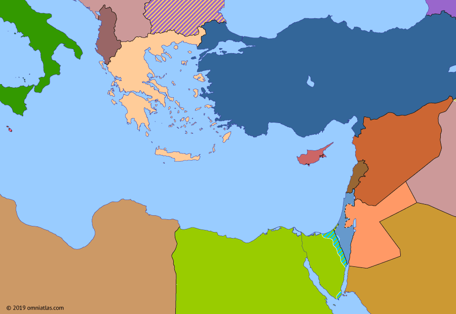 Political map of the Eastern Mediterranean on 21 Sep 1964 (The Arab–Israeli Wars: Independence of Cyprus and Malta), showing the following events: National Unity Committee; Independence of Cyprus; Syrian Arab Republic; North Yemen Civil War begins; Ramadan Revolution; 8 March Revolution; November 1963 Iraqi Coup; Palestinian Liberation Organization; Independence of Malta.