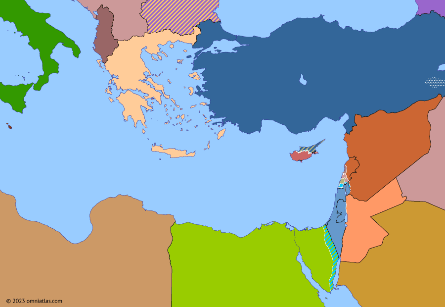 Political map of the Eastern Mediterranean on 19 May 1986 (After the Yom Kippur War: War of the Camps), showing the following events: First P.K.K. uprising; South Lebanon conflict; War of the Camps; Egyptian conscripts riot; Damascus bombings.