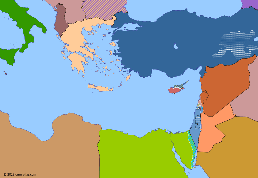 Political map of the Eastern Mediterranean on 15 Nov 1988 (After the Yom Kippur War: First Intifada), showing the following events: First Intifada; War of Brothers; Soviet withdrawal from Afghanistan; Jordanian cession of West Bank; Palestinian Declaration of Independence.