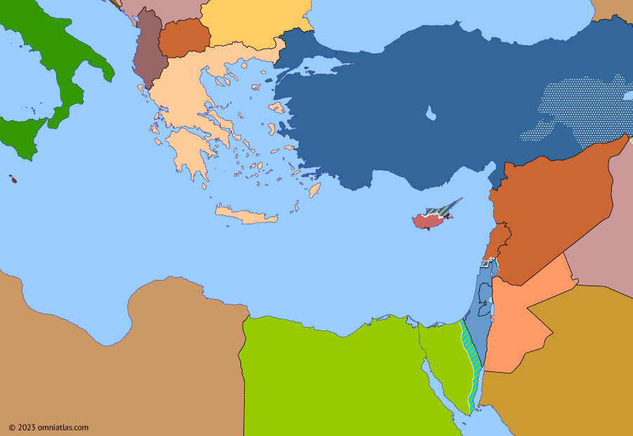 Political map of the Eastern Mediterranean on 18 May 1994 (After the Yom Kippur War: Palestinian National Authority), showing the following events: Dissolution of the Soviet Union; Oslo I Accord; Gaza–Jericho Agreement.