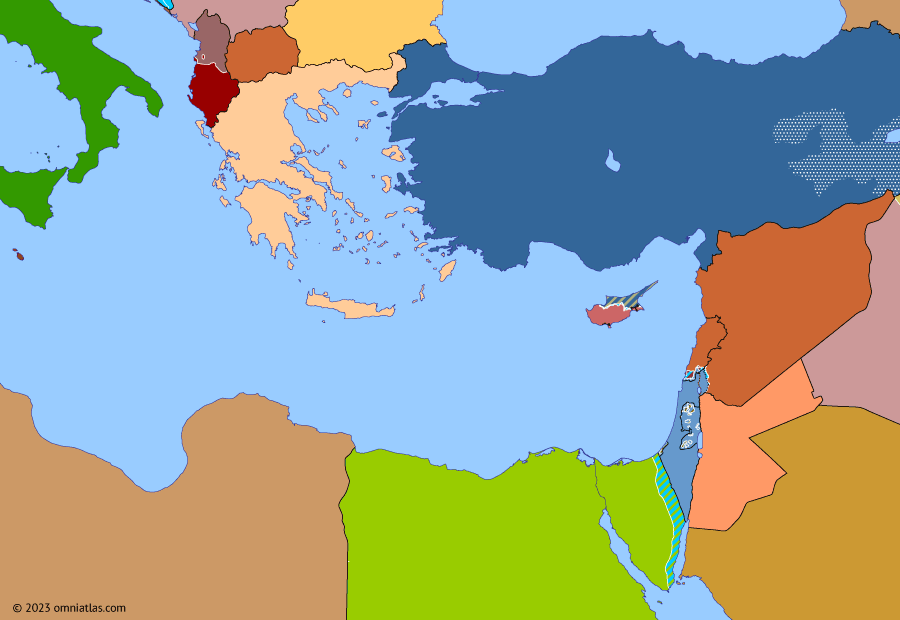 Political map of the Eastern Mediterranean on 14 Mar 1997 (After the Yom Kippur War: Anarchy in Albania), showing the following events: Oslo II Accord; Anarchy in Albania.