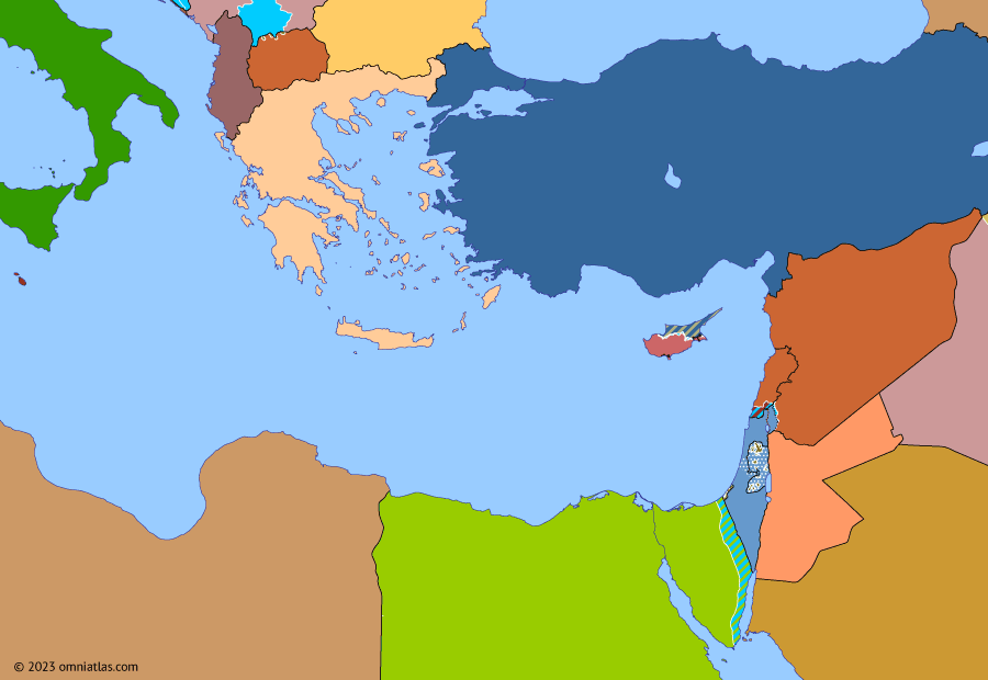 Political map of the Eastern Mediterranean on 29 Sep 2000 (Disengagement and Intervention: Second Intifada), showing the following events: Operation Alba; Kosovo War; Israeli evacuation of South Lebanon; Second Intifada; NLA insurgency in Macedonia.