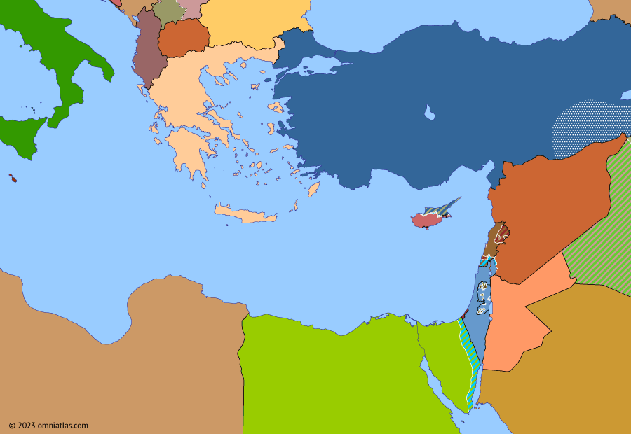 Political map of the Eastern Mediterranean on 11 Feb 2011 (Arab Spring, Civil War: Arab Spring), showing the following events: US withdrawal from Iraq; Arab Spring; Arab Spring in Jordan; Egyptian Revolution; Sinai insurgency.