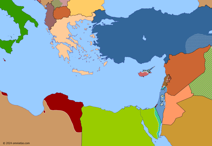 Political map of the Eastern Mediterranean on 19 Mar 2011 (Arab Spring, Civil War: NATO intervention in Libya), showing the following events: Syrian Revolution of Dignity; UNSC Resolution 1973; NATO intervention in Libya; Second Battle of Benghazi.