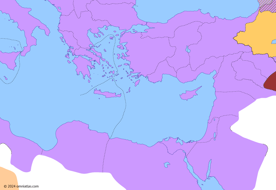 Political map of the Eastern Mediterranean on 30 Jul 216 (Roman consolidation in the East: Caracalla’s Parthian Campaign), showing the following events: Severus’ Garamantian Campaign; Annexation of Osroene; Caracalla’s Armenian Crisis; Alexandrian Massacre; Caracalla’s Parthian Campaign.