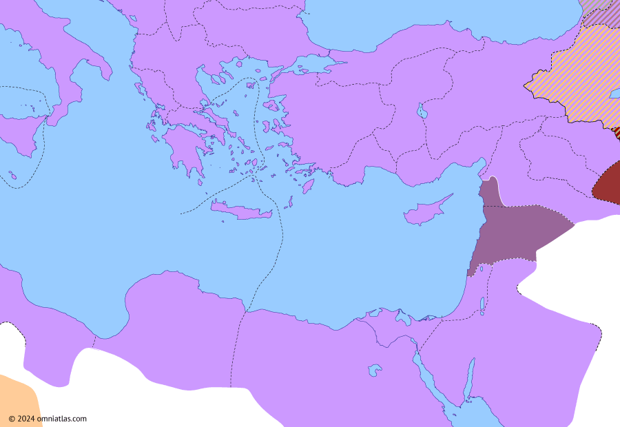 Political map of the Eastern Mediterranean on 08 Jun 218 (Roman consolidation in the East: Macrinus and Elagabalus), showing the following events: Principate of Macrinus; Battle of Nisibis; Elagabalus’ Revolt; Battle of Antioch.