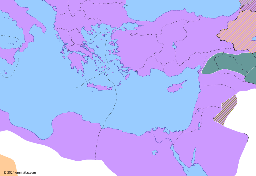 Political map of the Eastern Mediterranean on 09 Jun 242 (Crisis of the Third Century: Gordian III’s Persian War), showing the following events: Tanukhid Kingdom; Severus Alexander’s Germanic War; Fall of Hatra; Ardashir I’s capture of Nisibis.