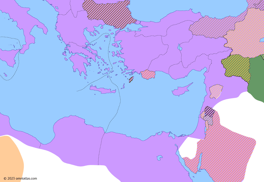 Political map of the Eastern Mediterranean on 03 Apr 33 AD (Julio-Claudian East: Crucifixion of Jesus), showing the following events: Annexation of Cappadocia; Anilai and Asinai; Crucifixion of Jesus.