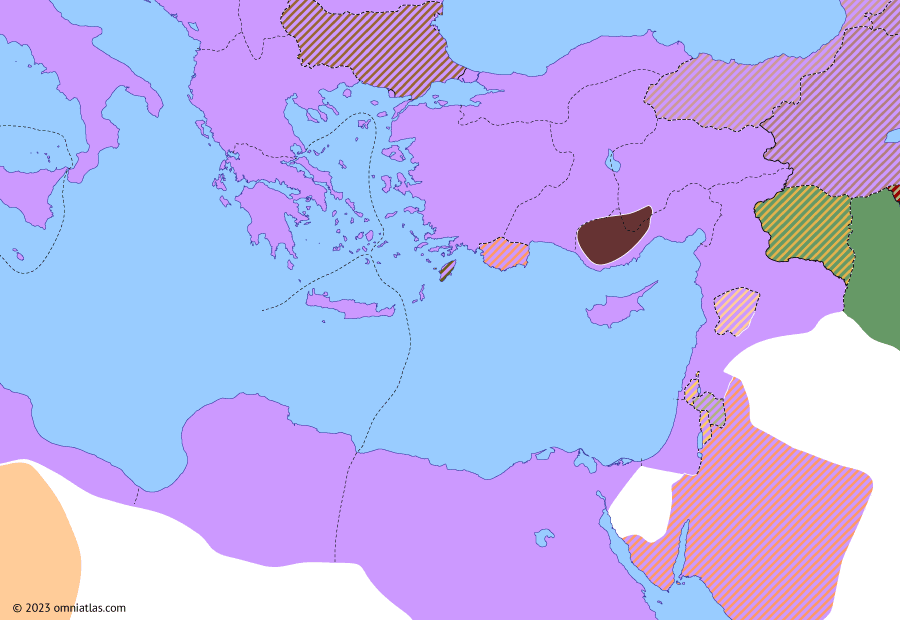 Political map of the Eastern Mediterranean on 21 Feb 36 AD (Julio-Claudian East: Clitae Revolts), showing the following events: Armenian Succession War of 35; Parthian Civil War of 36; Clitae Revolts.