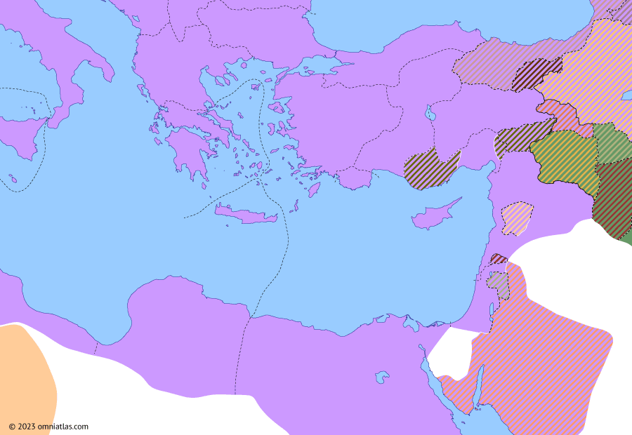 Political map of the Eastern Mediterranean on 31 Oct 46 AD (Julio-Claudian East: Claudius’ consolidation in the East), showing the following events: Claudian Commagene; Armenian Succession War of 42; Annexation of Lycia; Claudian Rhodes; Roman Thrace.