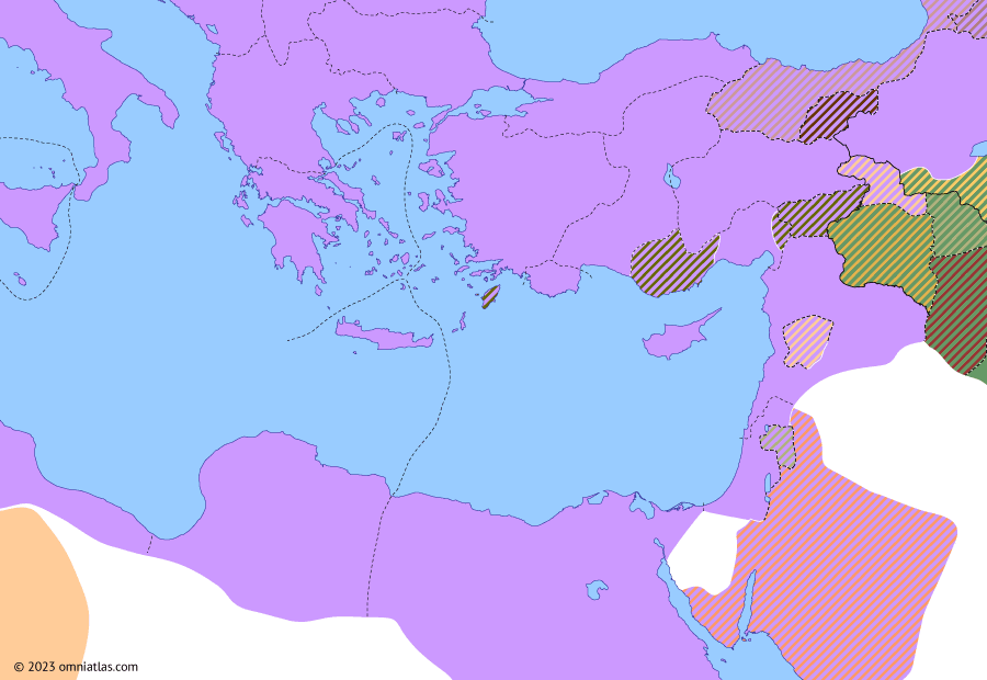 Political map of the Eastern Mediterranean on 31 Jul 59 AD (Julio-Claudian East: War of the Armenian Succession), showing the following events: First Restoration of Tiridates I; Corbulo’s Conquest of Armenia.