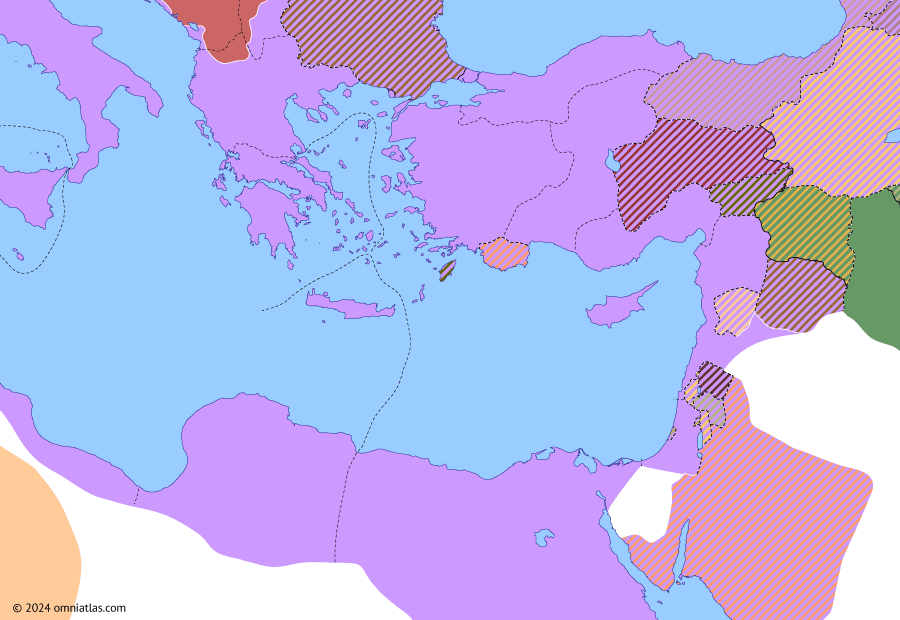 Political map of the Eastern Mediterranean on 23 Nov 6 AD (Julio-Claudian East: Roman annexation of Judea), showing the following events: Gaius–Phraates Treaty; Province of Moesia; Great Illyrian Revolt; Roman Judea.