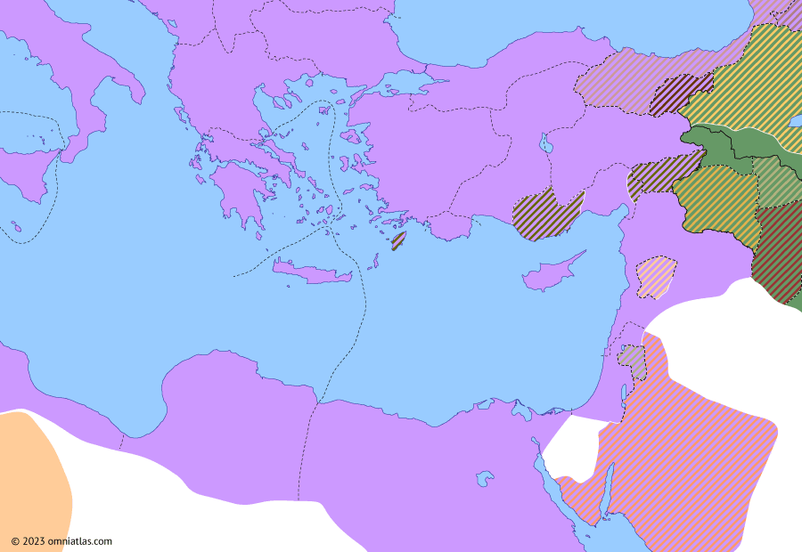 Political map of the Eastern Mediterranean on 15 Nov 62 AD (Julio-Claudian East: Battle of Rhandeia), showing the following events: Armenian–Adiabeni War; Second Restoration of Tiridates I; Battle of Rhandeia.
