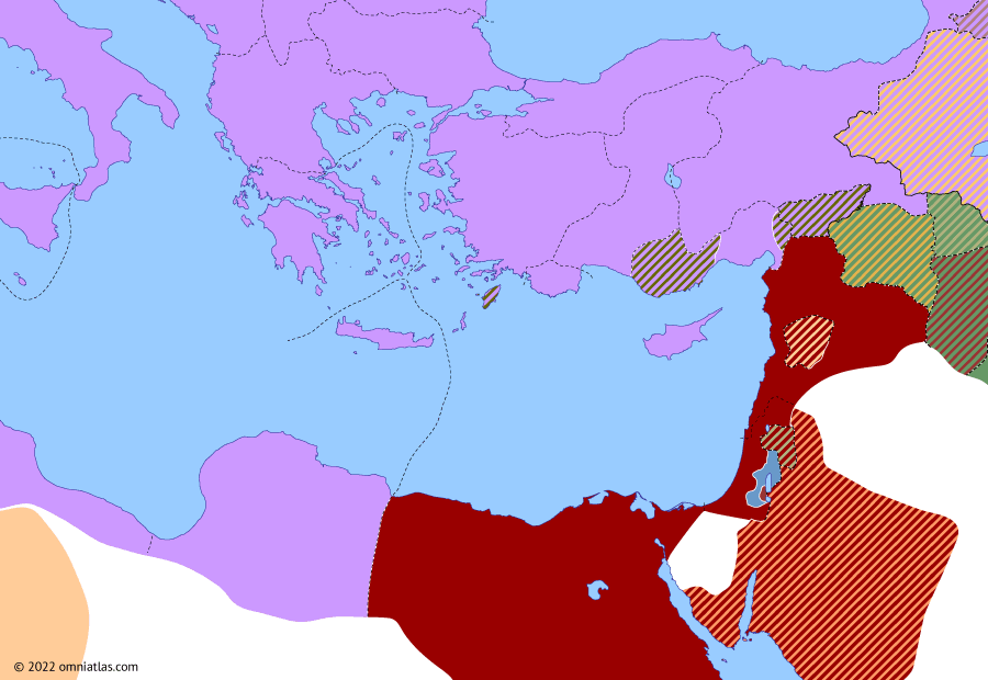 Political map of the Eastern Mediterranean on 11 Jul 69 AD (Levant under the Roman Principate: Flavian Revolt), showing the following events: First Battle of Bedriacum; Principate of Vitellius; Flavian Revolt.