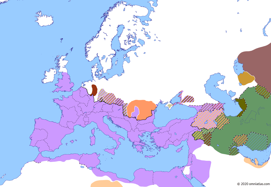 Political map of Europe & the Mediterranean on 08 Aug 106 (The Nerva–Antonine Dynasty: Second Dacian War), showing the following events: Dacian–Iazygan War; Second Dacian War; Arabia Petraea.