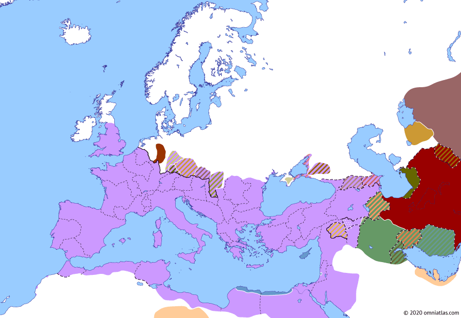 Political map of Europe & the Mediterranean on 14 Oct 115 (The Nerva–Antonine Dynasty: Kitos War), showing the following events: Trajan’s Upper Mesopotamia campaign; Lukuas’ rebellion; Outbreak of Kitos War; Kitos War in Mesopotamia; Artemion’s rebellion; Julianus and Pappos revolt.