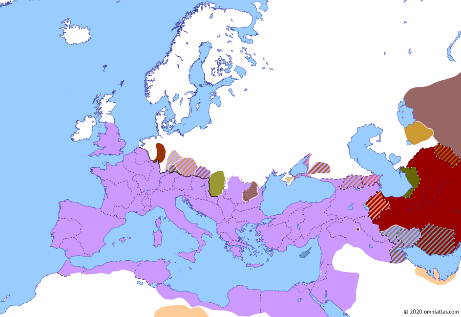 Political map of Europe & the Mediterranean on 10 Aug 117 (The Nerva–Antonine Dynasty: Accession of Hadrian), showing the following events: Hadrian’s Dacian War; Parthamaspates of Parthia; End of Kitos War; Principate of Hadrian.