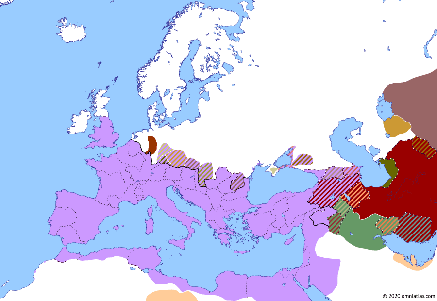 Political map of Europe & the Mediterranean on 17 Jul 122 (The Nerva–Antonine Dynasty: Pax Romana), showing the following events: Fall of Parthamaspates; First Hadrian–Osroes Treaty; Upper and Lower Dacia; Hadrian’s Wall.