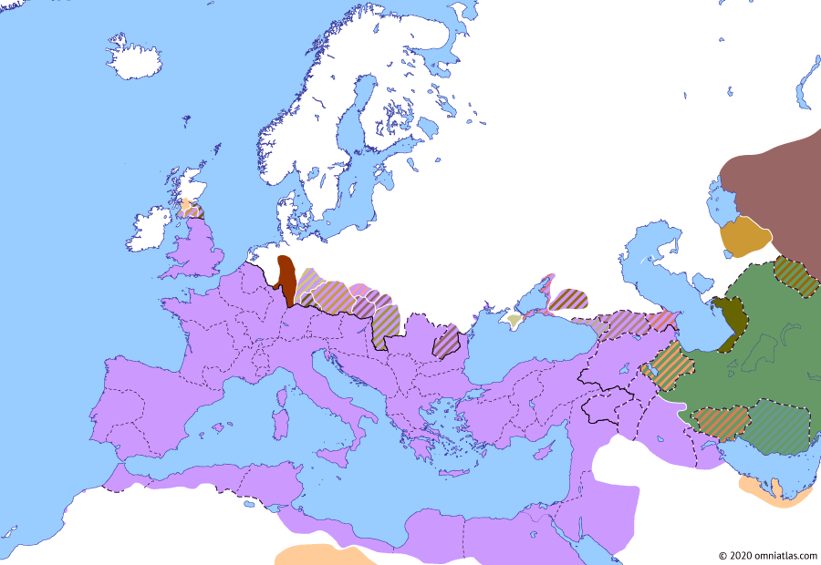 Political map of Europe & the Mediterranean on 24 Apr 166 (The Nerva–Antonine Dynasty: Lucius Verus’ Parthian War), showing the following events: Chatti–Chauci raids of 162; Lucius Verus’ Armenian Campaign; Parthian Occupation of Osroene; Antonine Wall abandoned; Lucius Verus’ Parthian Campaign; Antonine Plague; Lucius Verus’ Median Campaign; Tres Daciae.