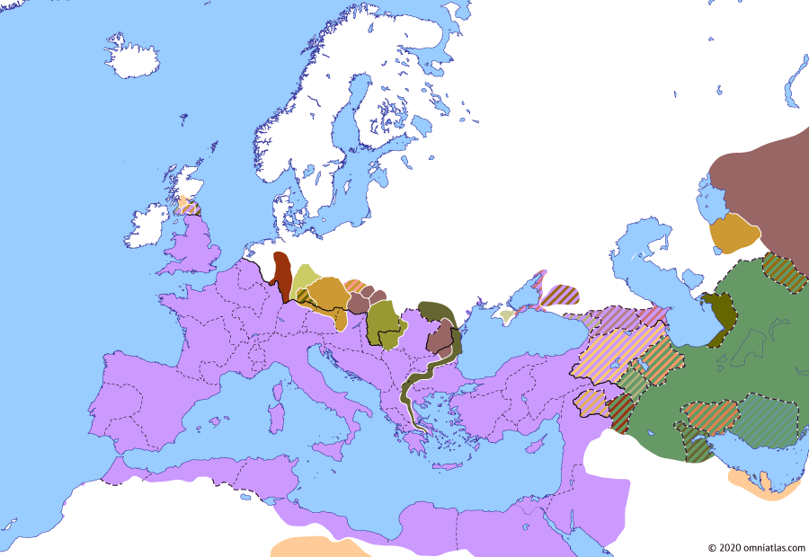 Political map of Europe & the Mediterranean on 27 Aug 170 (The Nerva–Antonine Dynasty: First Marcomannic War), showing the following events: End of Lucius Verus’ Parthian War; Langobard invasion of Pannonia; Iazygan War of 167–71; Great Marcomannic Raid; Chatti War of 170; Marcomannic campaign of 170; Great Costoboci Raid.