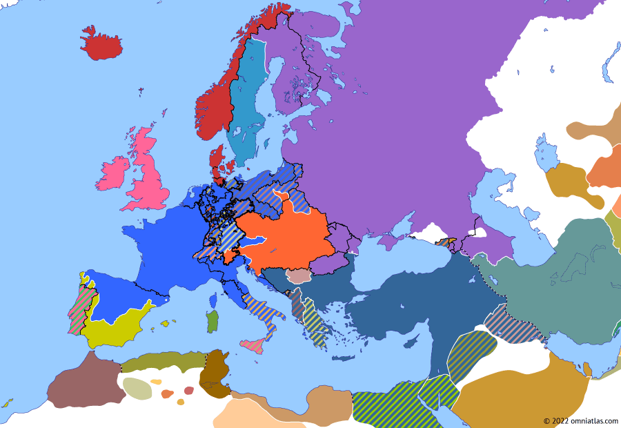 Political map of Europe & the Mediterranean on 21 May 1809 (Napoleonic Wars: Battle of Aspern-Essling), showing the following events: Polish invasion of Galicia; Third Siege of Girona; Second Battle of Porto; Fall of Vienna; French annexation of Papal States; Battle of Aspern-Essling.