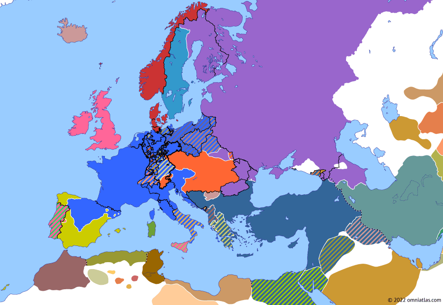 Political map of Europe & the Mediterranean on 05 Jul 1809 (Napoleonic Wars: Battle of Wagram), showing the following events: Austrian abandonment of Warsaw; Battle of Raab; Jørgen Jørgensen; Battle of Wagram.