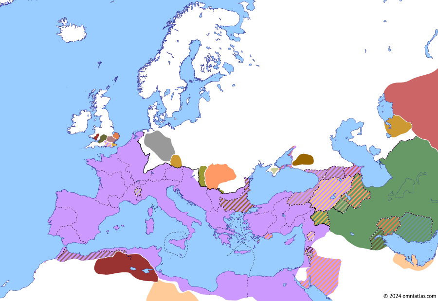 Political map of Europe & the Mediterranean on 01 Oct 18 AD (The Julio-Claudian Dynasty: Arminius’ War with Maroboduus), showing the following events: Tacfarinas War; Arminius–Maroboduus War; Annexation of Cappadocia.