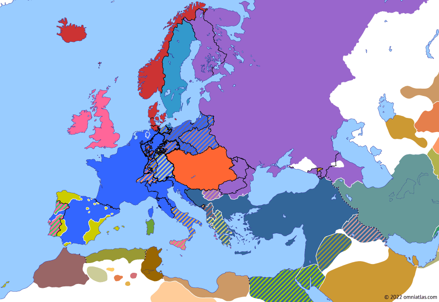 Political map of Europe & the Mediterranean on 13 Dec 1810 (Napoleonic Wars: Annexation of the Hanse), showing the following events: Capture of Sukhumi; Charles XIV John; Murat’s invasion of Sicily; Battle of Bussaco; Lines of Torres Vedras; Annexation of Rhodanic Republic; Anglo-Swedish War; Annexation of the Hanse.