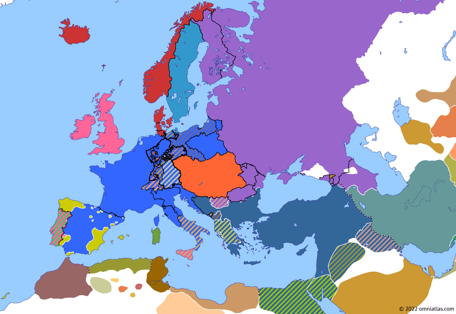 Political map of Europe & the Mediterranean on 03 May 1811 (Napoleonic Wars: Battle of Fuentes de Oñoro), showing the following events: Regency Era; Citadel Massacre; Battle of Barrosa; Luddite Uprising; Battle of Lissa (1811); Battle of Fuentes de Oñoro.