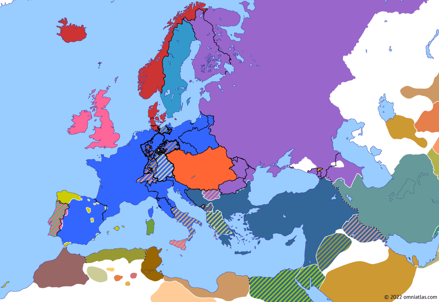 Political map of Europe & the Mediterranean on 16 Mar 1812 (Napoleonic Wars: Build-up to the Russian Campaign), showing the following events: Conquest of Swedish Pomerania; French departments of Spain; Battle of Sultanabad; Treaty of Paris; Siege of Badajoz; Franco-Austrian Alliance.