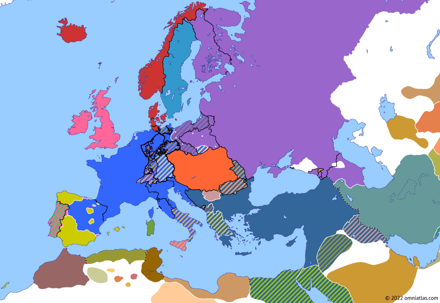 Political map of Europe & the Mediterranean on 03 Mar 1813 (Napoleonic Wars: Sixth Coalition), showing the following events: Last across the Niemen; Convention of Tauroggen; Siege of Lankaran; Marie-Louises; Siege of Danzig; Fall of the Duchy of Warsaw; Treaty of Kalisz; Treaty of Stockholm.