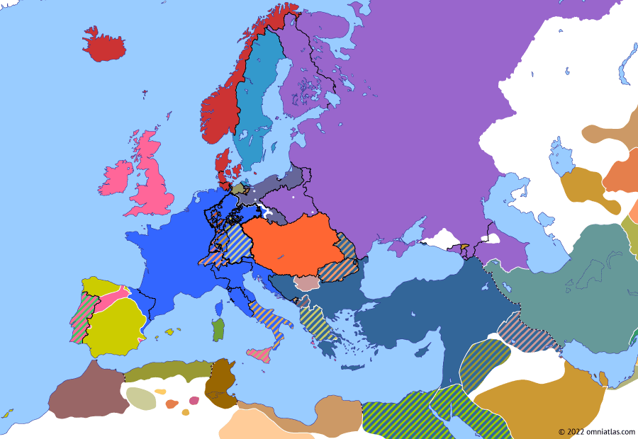 Political map of Europe & the Mediterranean on 21 Jun 1813 (Napoleonic Wars: Battle of Vitoria), showing the following events: Treaties of Reichenbach; Battle of Vitoria.