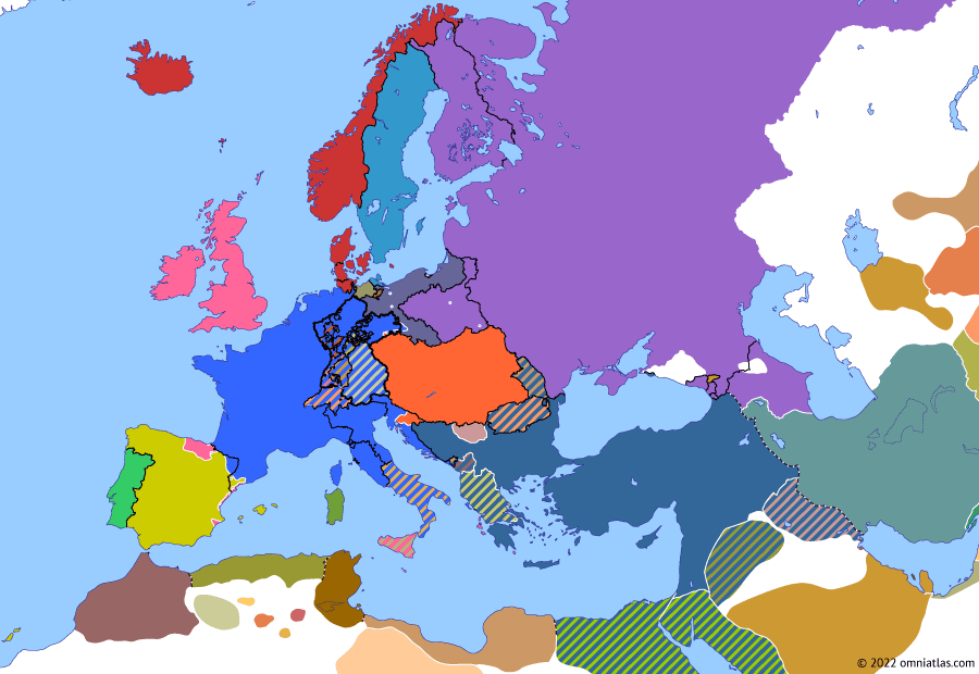 Political map of Europe & the Mediterranean on 26 Aug 1813 (Napoleonic Wars: Battle of Dresden), showing the following events: Trachenberg Plan; End of First Serbian Uprising; Battle of the Pyrenees; Austria joins Sixth Coalition; Invasion of Illyrian Provinces; Battle of Großbeeren; Battle of Dresden; Battle of the Katzbach.