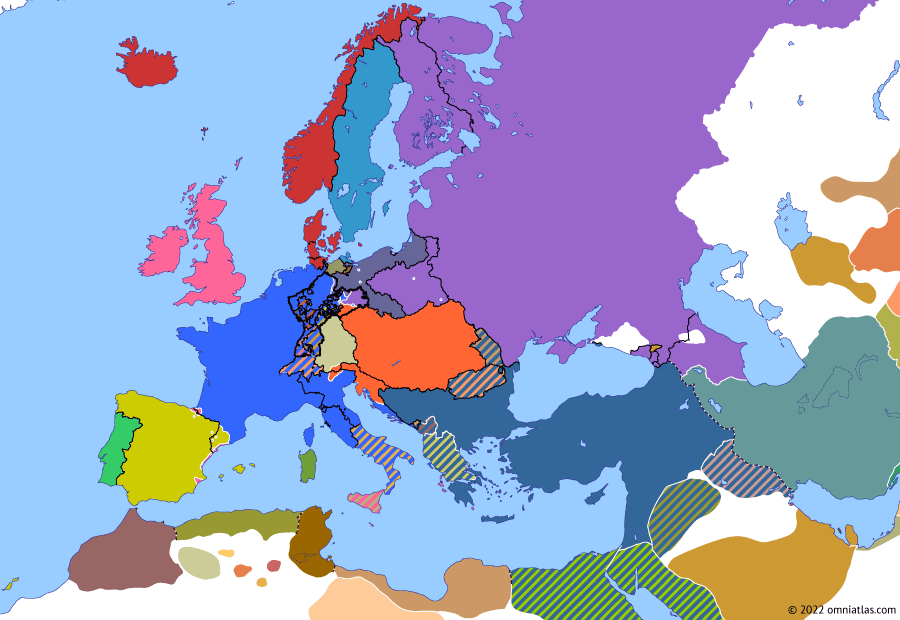 Political map of Europe & the Mediterranean on 16 Oct 1813 (Napoleonic Wars: Battle of Leipzig), showing the following events: Cossack raid on Cassel; Battle of the Bidassoa; Treaty of Ried; Battle of Leipzig.