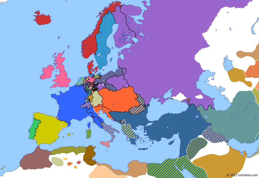Political map of Europe & the Mediterranean on 11 Dec 1813 (Napoleonic Wars: Treaty of Valençay), showing the following events: Frankfort Declaration; Catinelli’s Tuscan expedition; Treaty of Valençay.
