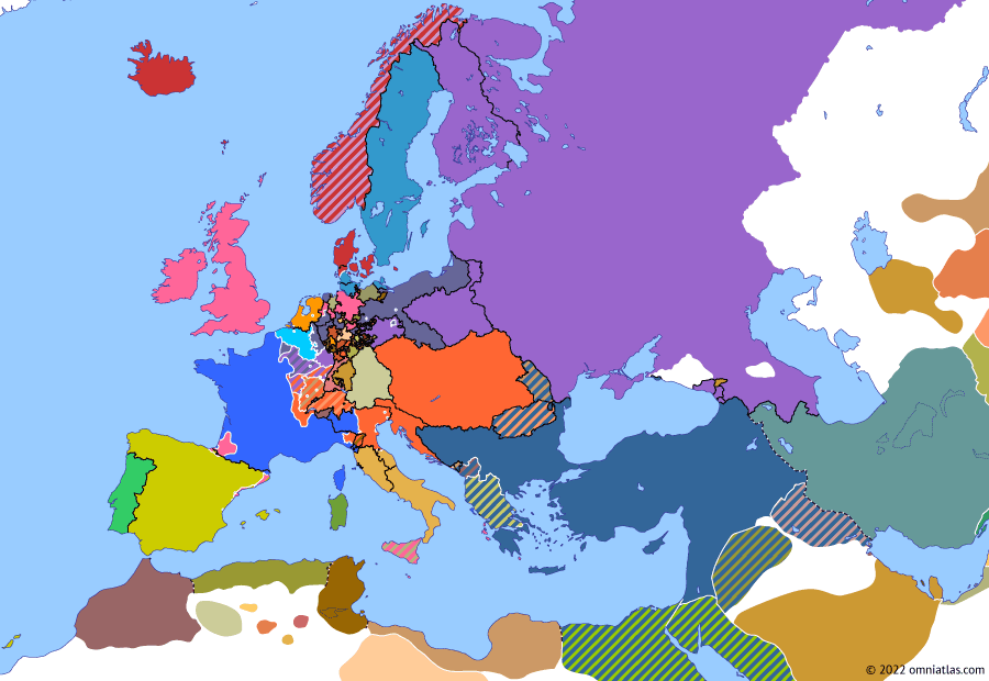 Political map of Europe & the Mediterranean on 09 Mar 1814 (Napoleonic Wars: Battle of Laon), showing the following events: Battle of Laon; Treaty of Chaumont.