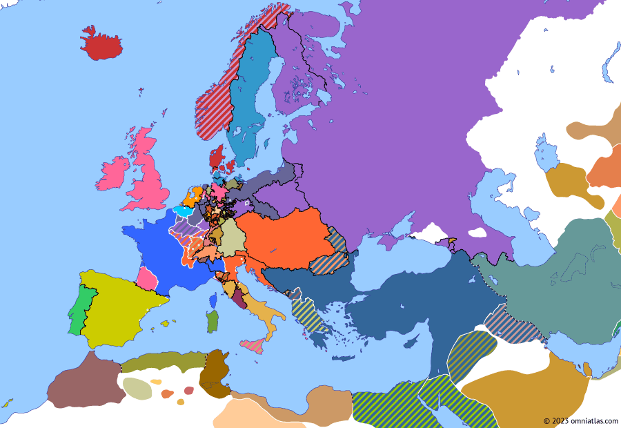 Political map of Europe & the Mediterranean on 11 Apr 1814 (Napoleonic Wars: Treaty of Fontainebleau), showing the following events: Battle of Arcis-sur-Aube; Battle of Paris; Battle of Toulouse; Treaty of Fontainebleau.