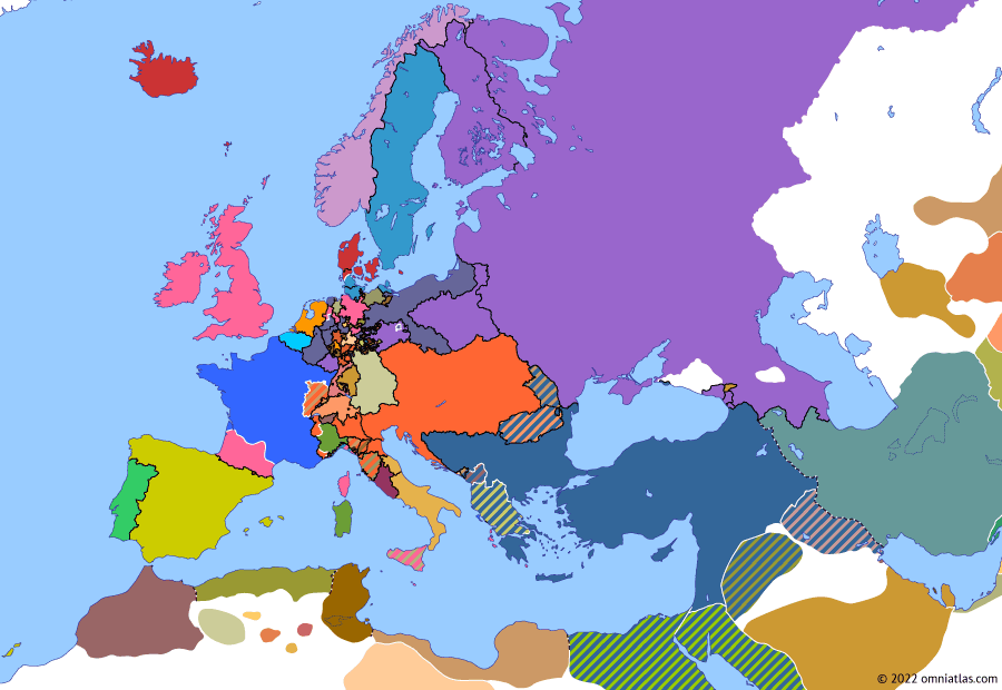 Political map of Europe & the Mediterranean on 30 May 1814 (Napoleonic Wars: First Peace of Paris), showing the following events: Restoration of Piedmont; Kingdom of Norway (1814); First Peace of Paris.