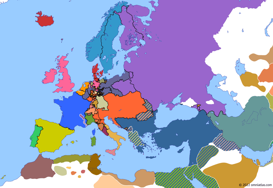 Political map of Europe & the Mediterranean on 13 Mar 1815 (Napoleonic Wars: Napoleon’s Return), showing the following events: Union between Sweden and Norway; Duchy of Genoa; Treaty of Ghent; Escape from Elba; Napoleon’s Return; Declaration at the Congress of Vienna.
