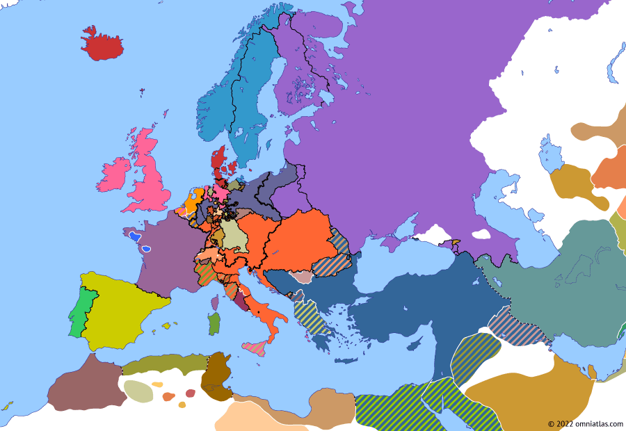 Political map of Europe & the Mediterranean on 18 Jun 1815 (Napoleonic Wars: Battle of Waterloo), showing the following events: Petite Chouannerie; Congress Saxony; German Confederation; Lauenburg exchange; Final Act of Vienna; Second Barbary War; Battle of Waterloo.