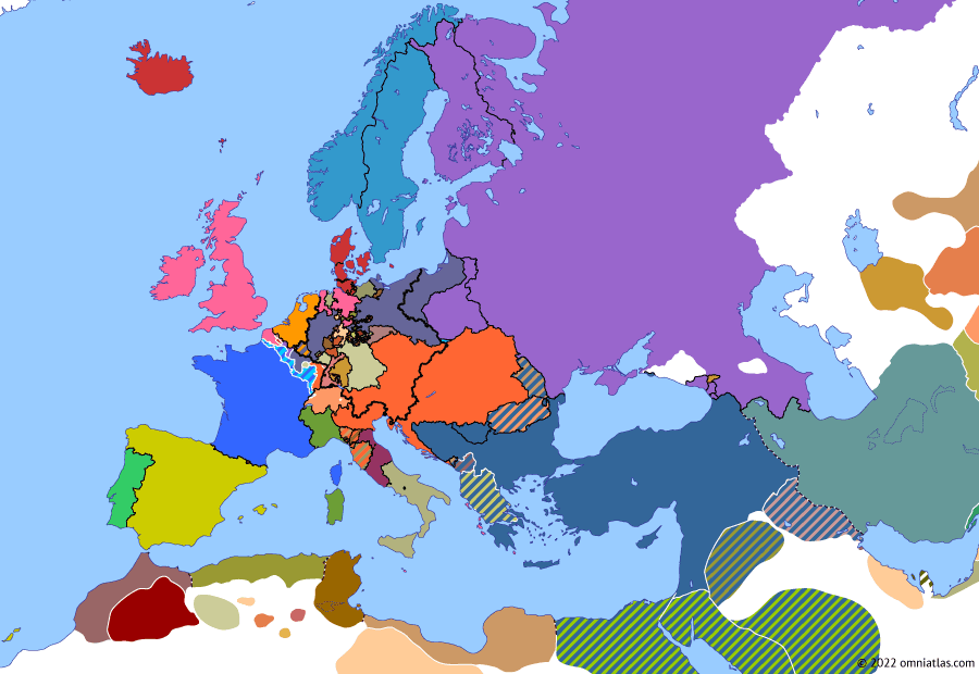 Political map of Europe & the Mediterranean on 27 Sep 1818 (Congress Europe: Congress of Aix-la-Chapelle), showing the following events: Allied Occupation in France; Murat’s Insurrection; Second Peace of Paris; Kingdom of the Two Sicilies; Nejd Expedition; Principality of Serbia; Congress of Aix-la-Chapelle.