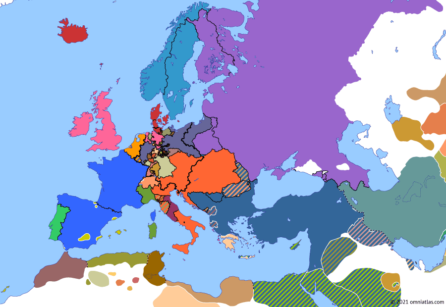 Political map of Europe & the Mediterranean on 31 Aug 1823 (Congress Europe: Hundred Thousand Sons of Saint Louis), showing the following events: Ottoman–Qajar War; Mexican Independence; Brazilian War of Independence; Chios Massacre; Egyptian intevention in Crete; Congress of Verona; Establishment of Second Saudi State; Hundred Thousand Sons of St Louis.