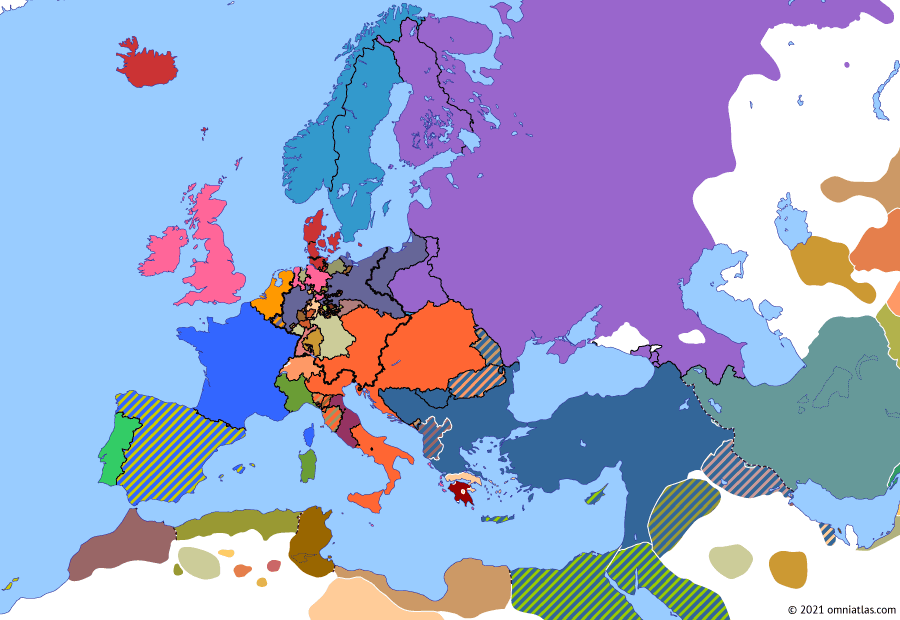 Political map of Europe & the Mediterranean on 23 Oct 1824 (Congress Europe: Greek Civil Wars of 1824–25), showing the following events: First Greek Civil War; Abrilada; Second Greek Civil War.