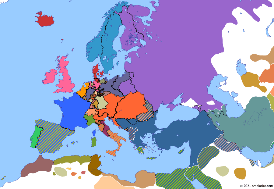 Political map of Europe & the Mediterranean on 14 Sep 1826 (Congress Europe: Russo-Persian War of 1826–28), showing the following events: Battle of Ayacucho; Egyptian intervention in Morea; Third Siege of Missolonghi; Decembrist Revolt; Auspicious Incident; Persian invasion of Russia; Siege of the Acropolis.
