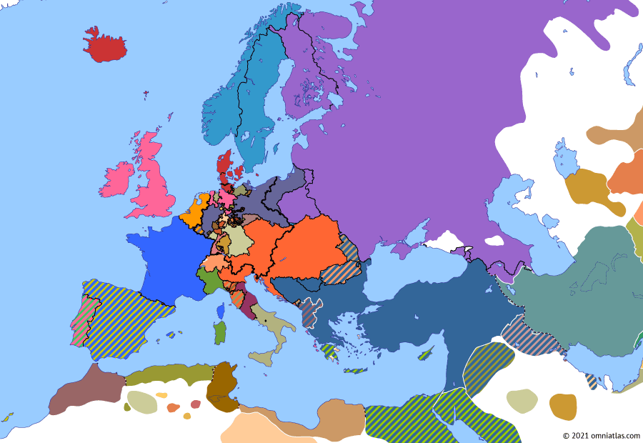 Political map of Europe & the Mediterranean on 20 Oct 1827 (Congress Europe: Battle of Navarino), showing the following events: Russian Counter-Offensive in Persia; Akkerman Convention; British intervention in Portugal; Fly Whisk Incident; Treaty of London; Battle of Navarino.