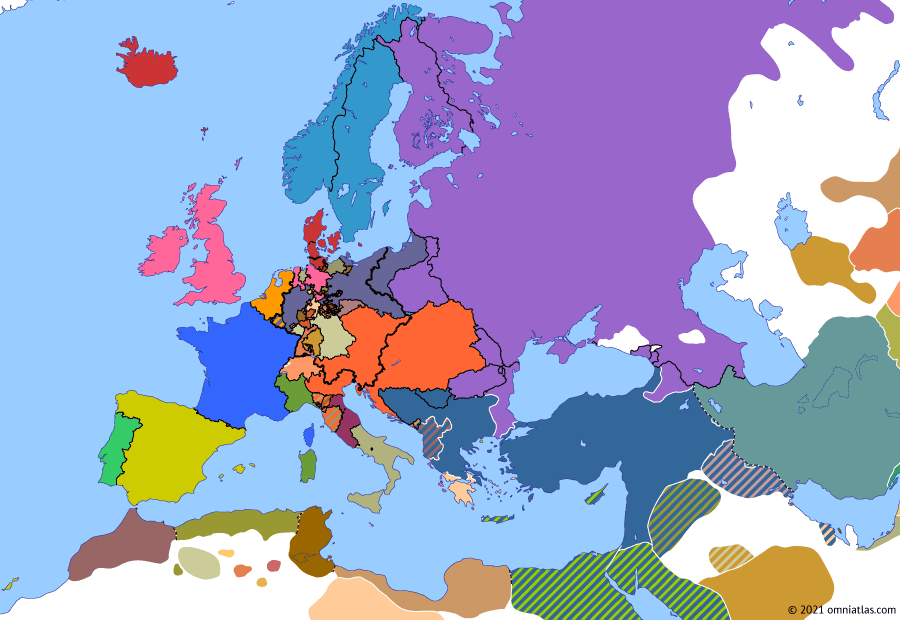 Political map of Europe & the Mediterranean on 13 Sep 1829 (Congress Europe: Russo-Turkish War of 1828–29), showing the following events: French withdrawal from Spain; London Protocols; Transbalkan Offensive; Battle of Petra.