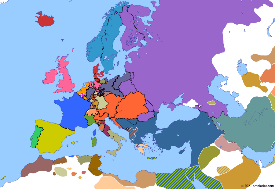 Political map of Europe & the Mediterranean on 23 Sep 1830 (Congress Europe: Belgian Revolution), showing the following events: July Revolution; Belgian Revolution; German Revolutions of 1830.