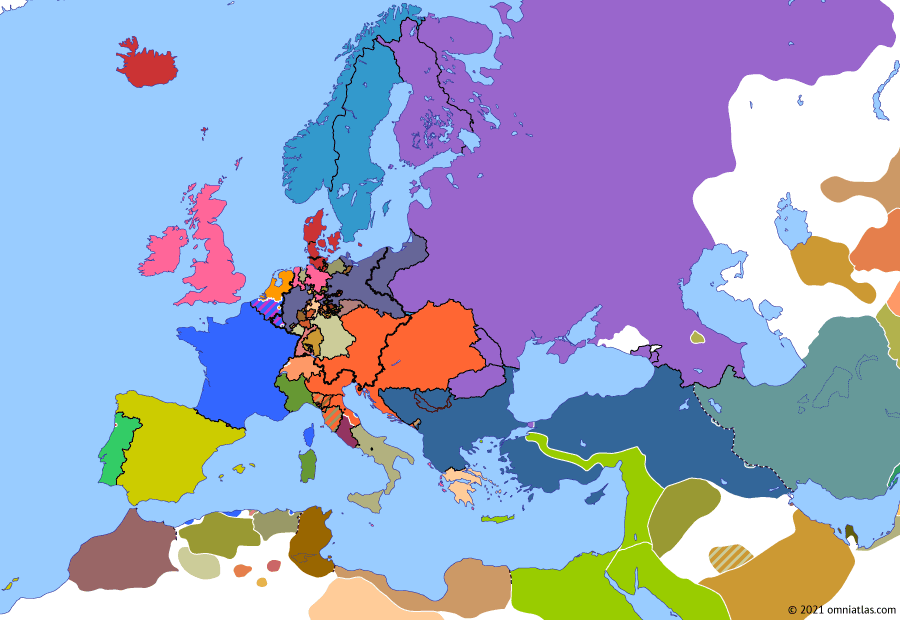 Political map of Europe & the Mediterranean on 06 May 1833 (Congress Europe: Convention of Kütahya), showing the following events: Egyptian advance on Bursa; Russian landings in Bosporus; Convention of Kütahya.