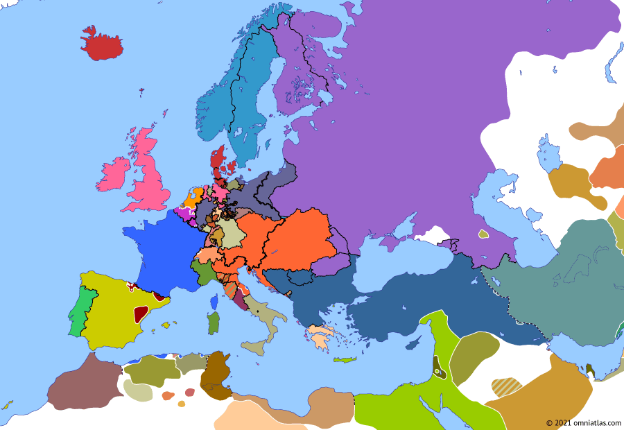 Political map of Europe & the Mediterranean on 17 Jun 1834 (Congress Europe: First Carlist War), showing the following events: Outbreak of First Carlist War; Zollverein; Peasants’ revolt in Palestine; Concession of Evoramonte.